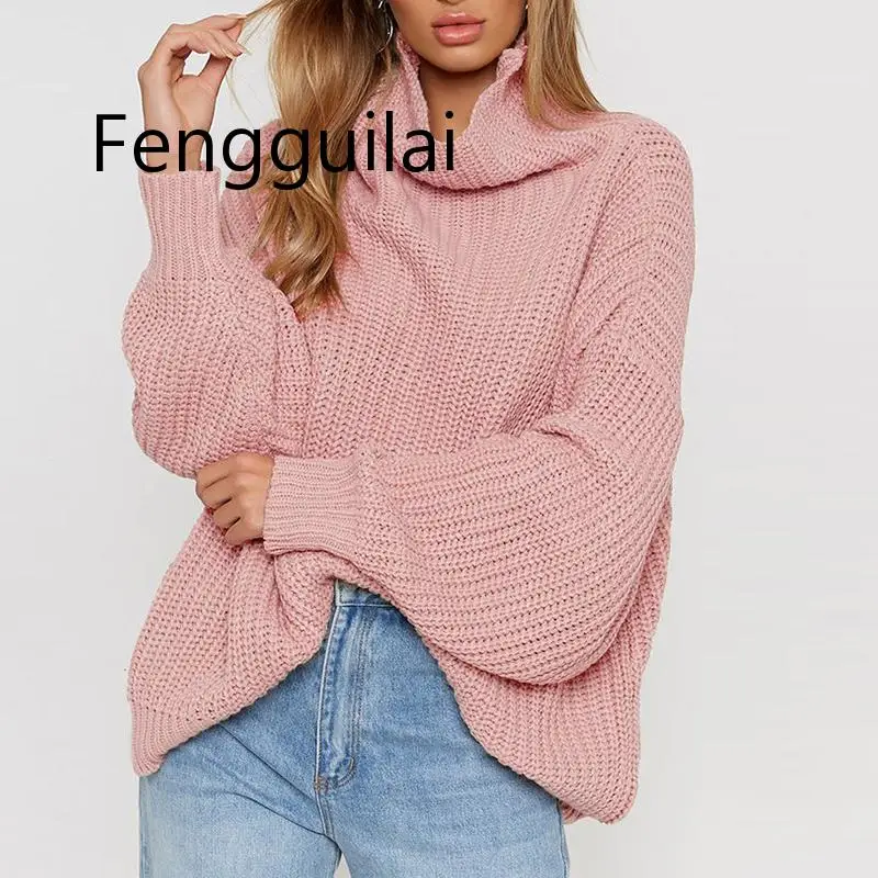 

Autumn Winter Pullovers 2019 Knitted Women Sweaters Loose High Fashion Sweater Casual Solid Pink Turtleneck Jumper Pullovers