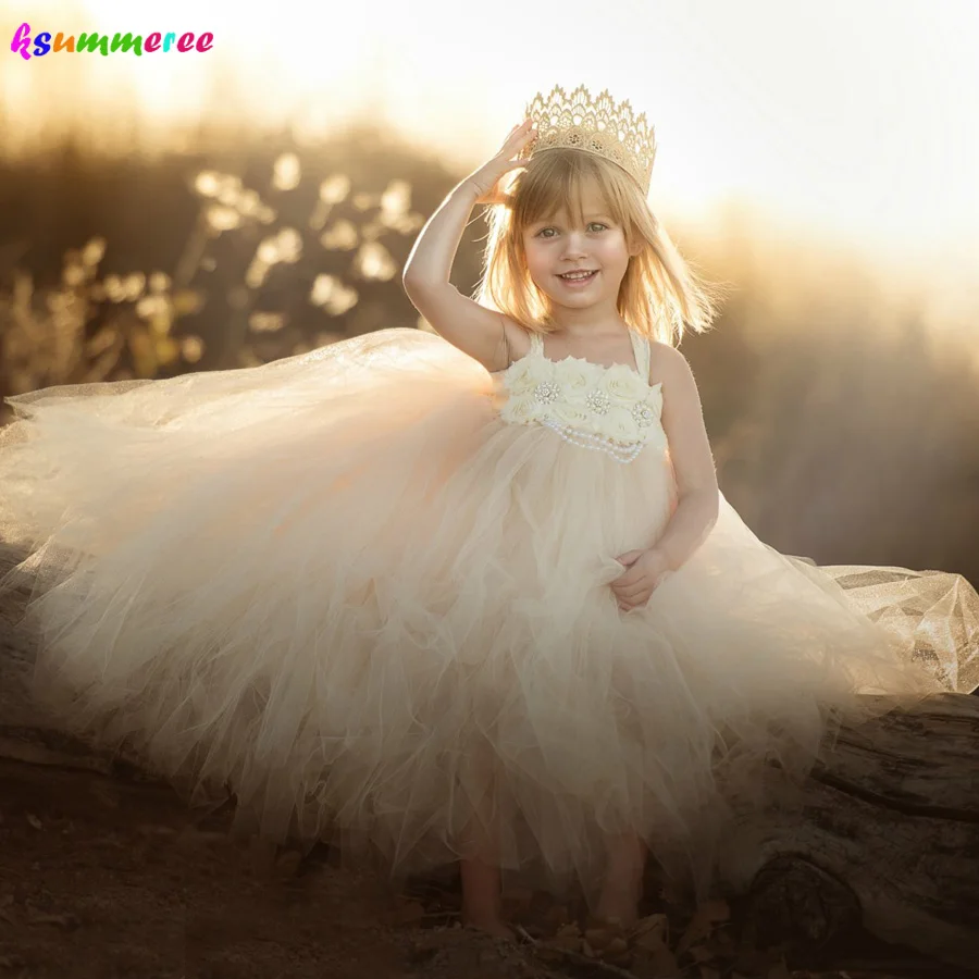 

Ivory Wedding Flower Girls Tutu Dress Vintage Rhinestone Kids Birthday Pageant Party Photo Shoots Clothes Children Tulle Dress