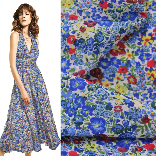 

Light blue small calico design silk and cotton fabric floral print,SCT392