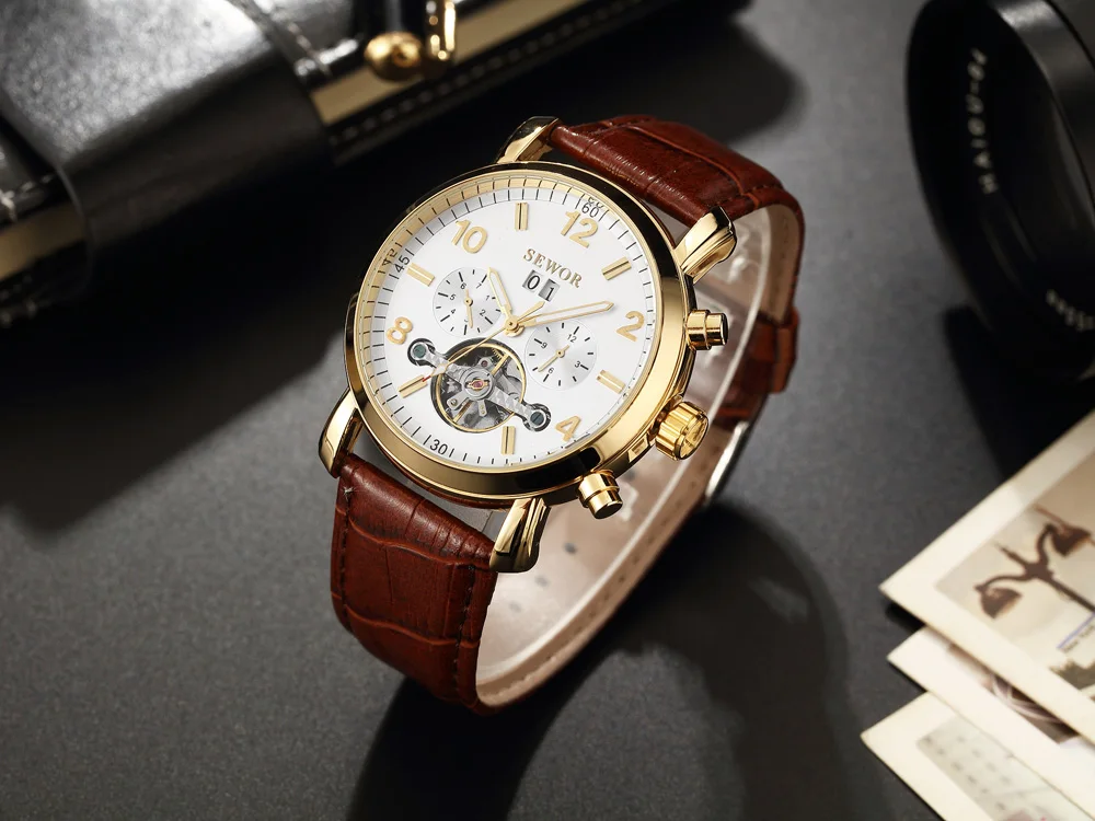 SEWOR Tourbillion черный Золото Механические часы Для мужчин модные Повседневное Авто Дата Для мужчин часы лучший бренд Автоматическая наручные часы для Для мужчин