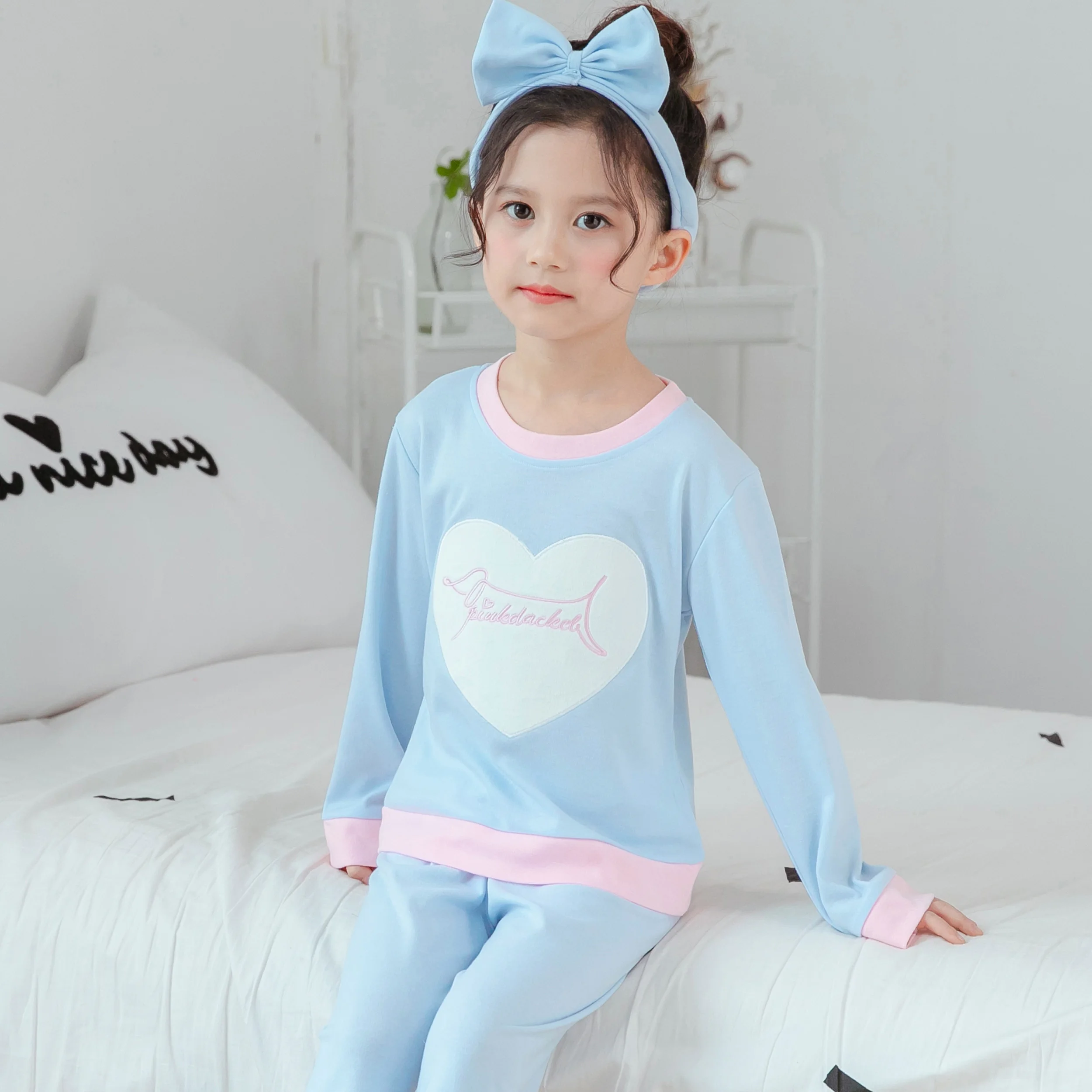 Коллекция года, весенне-осенний пижамный комплект для девочек, кардиган с длинными рукавами, хлопковые пижамы для девочек, детский пижамный комплект, одежда для сна для девочек, платок - Цвет: C M ai xin lan