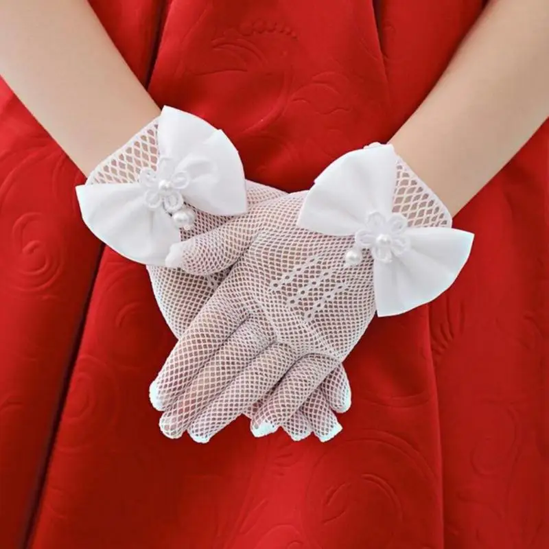 Перчатки для девочек с бантом для выпускного вечера, Детские сетчатые аксессуары принцессы для невесты