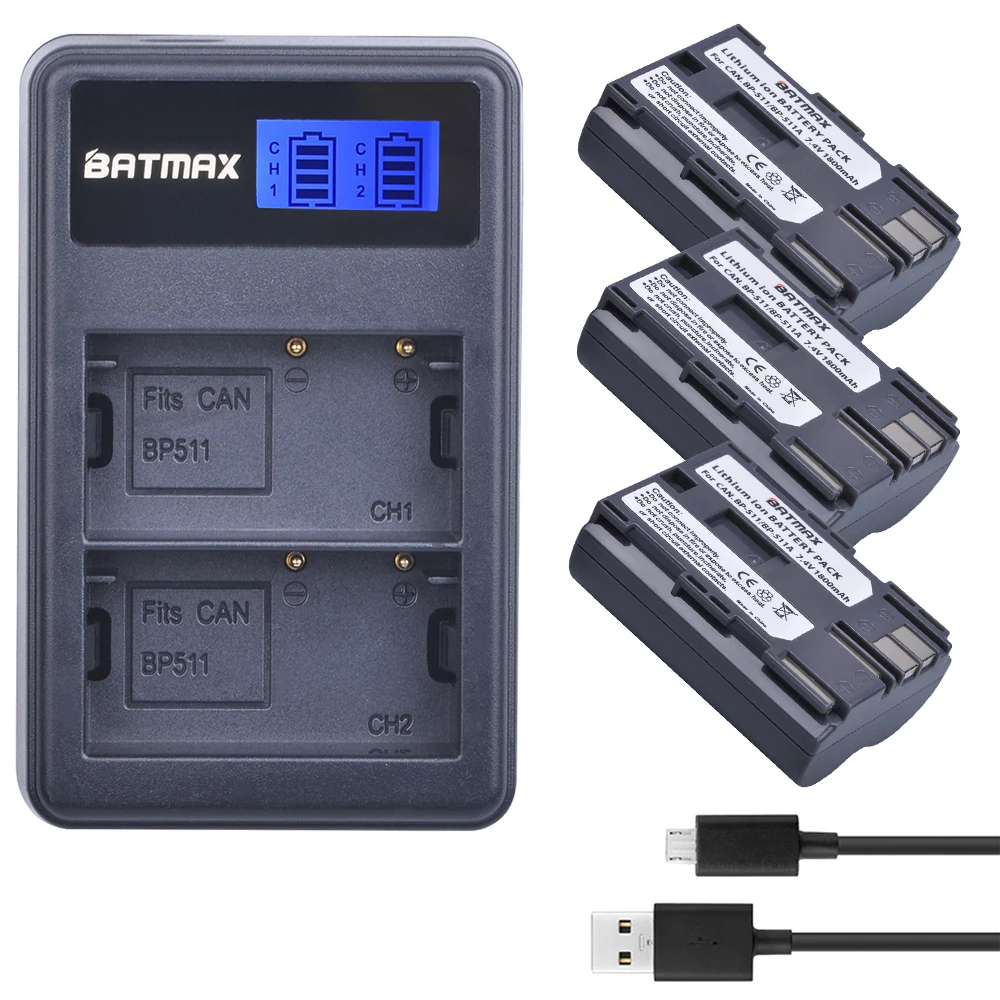 

Batmax 3 шт. BP-511A BP511 запасная батарея + LCD USB двойное зарядное устройство для Canon G6 G5 G3 G2 G1 EOS 300D 50D 40D 30D 20D 5D
