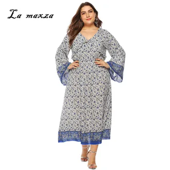 

Plus Size 2019 Women Summer Bohemioan Elegant Dress Casual Print Sexy Party Night Long Dresses