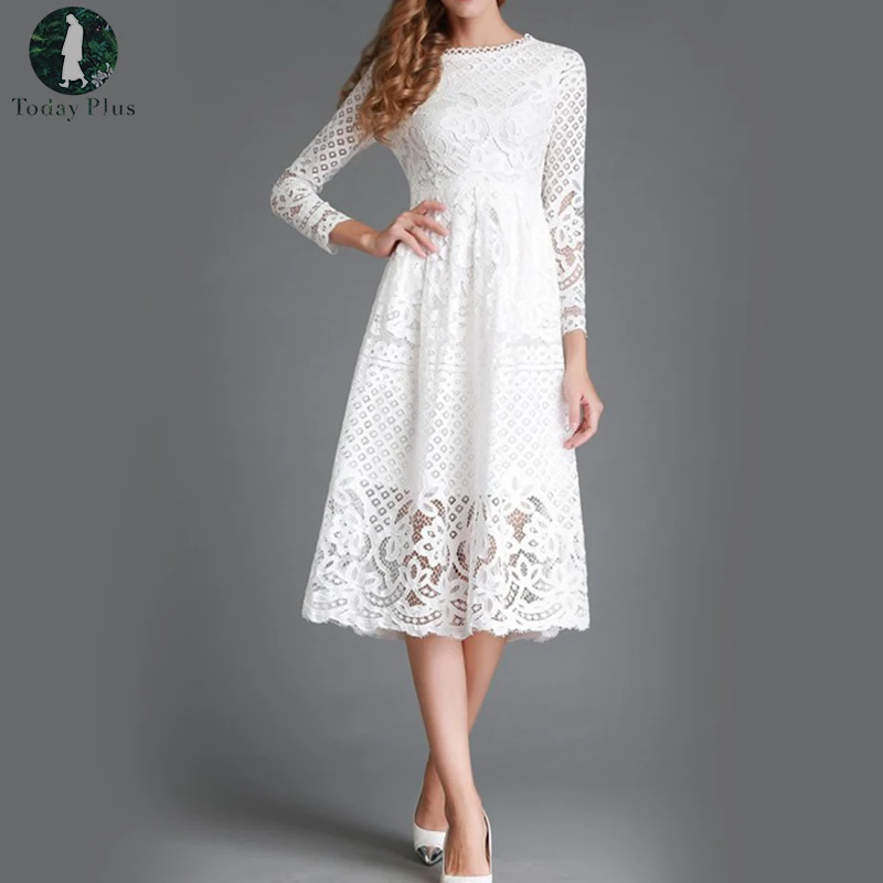 Today Plus 2017 Spring Black White Women's Lace Elegant Hollow Out Long Dresses Casual Clothing Women Sexy Slim Party Dress long-white-lace-dress