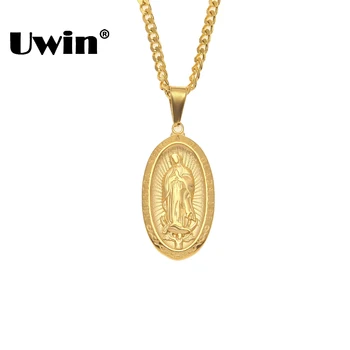 

Uwin Catholic Religious Virgin Mary Necklace Pendant Stainless Steel Gold Color Cross Medallion Women Men Christian Jewelry