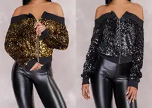 New 2018 Women Ladies Sequins Long Sleeve Off the Shoulder Coat Zipper Jacket Sweatshirt Jumper Pullover