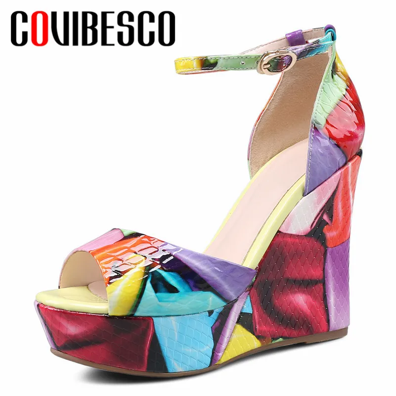 

COVIBESCO 2019 New Summer Super High Heels Buckle Genuine Leather Women Sandals Fashion Sexy Print Party Wedding Shoes Woman
