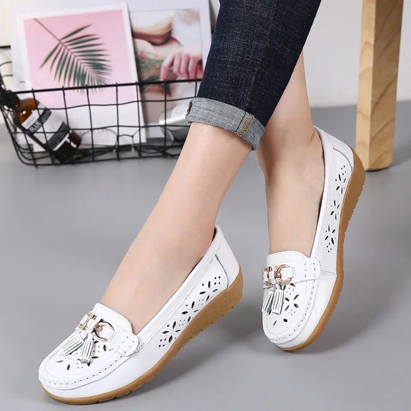 

Real Leather Shoes Moccasins Mother Loafers Soft Leisure Flats Casual Female Driving Ballet Footwear