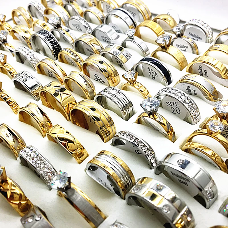 Wholesale 30pcs women's ring set men's unisex big rhinestone zircon engagement gold silver stainless steel jewelry for wedding
