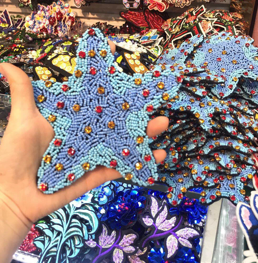 big blue star rhinestone beaded patches perle pour coudre vetement