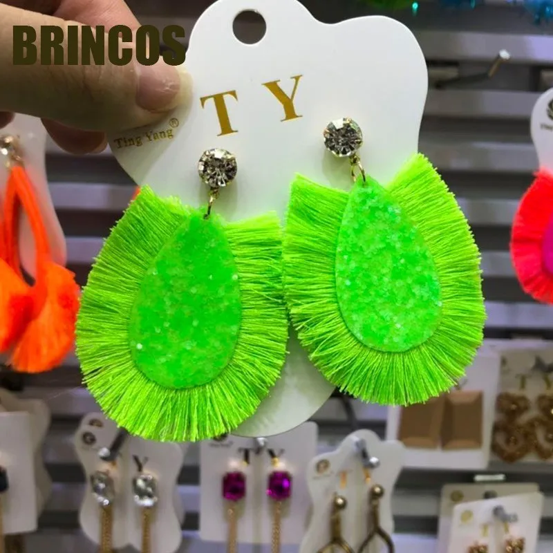 Earrings for women Neon green Tassel boho gold korean indian jewelry statement drop handmade oversize bohemia aliexpress