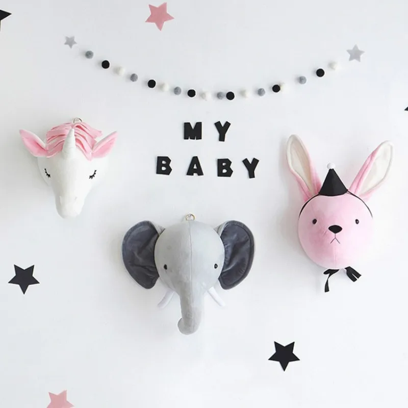 

Ins Nordic Wind Authentic Children's Room 3D Ornaments Unicorn Elephant Rabbit Toy Animal Head Plush Wand Decors Miniatures