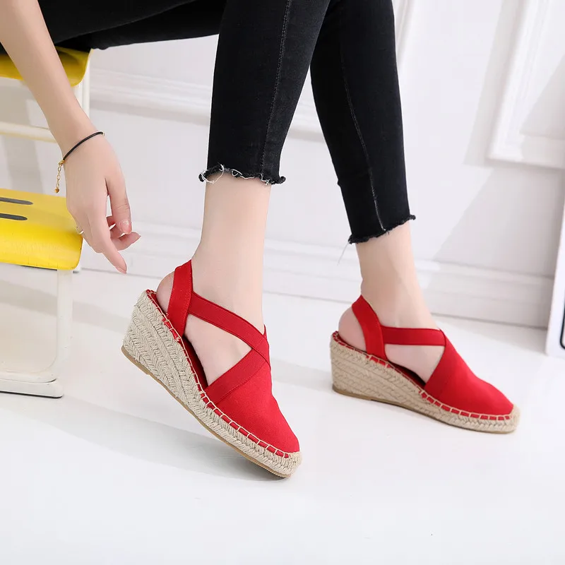 Summer Striped Platform Sandals Wedges Shoes For Women Hemp Rope Bottom Women's Espadrilles High Heels Slip On Canvas Fisherman  (1)