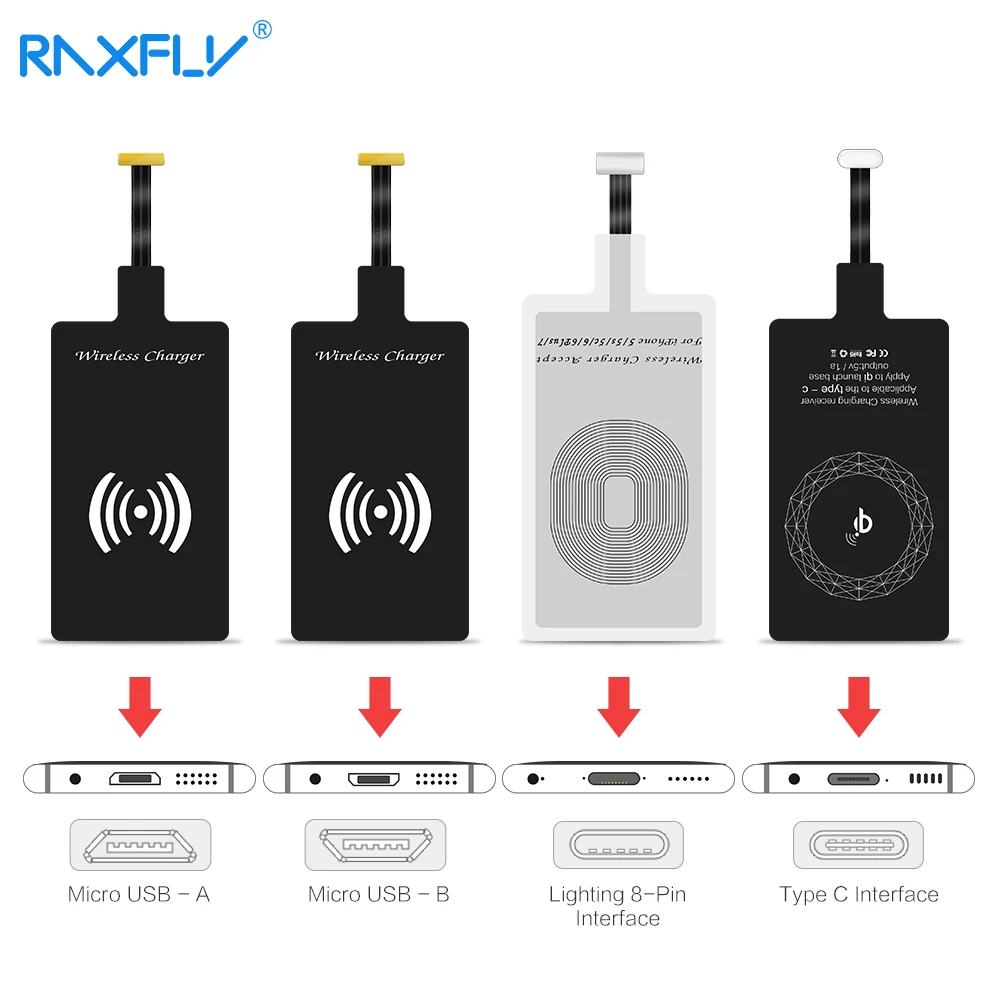 

RAXFLY QI Wireless Charger Receiver For iPhone 7 6 Plus 5S Universal Wireless Charging Micro USB Type C For Xiaomi Redmi Note 7