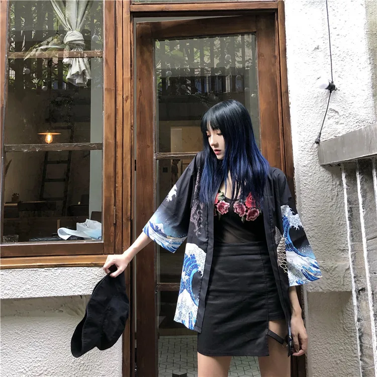Японский кимоно рубашка Пляжная уличная кардиган для женщин летние традиционные куртка юката Cover Up Модный Топ Блузка Верхняя одежда