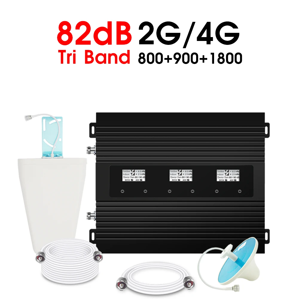 ATNJ Smart 2G 4G Triple Band Cellular Signal Repeater 80dB Gain LTE 800 GSM 900 DCS 1800MHz Signal Booster B1 B20 Amplifier Set