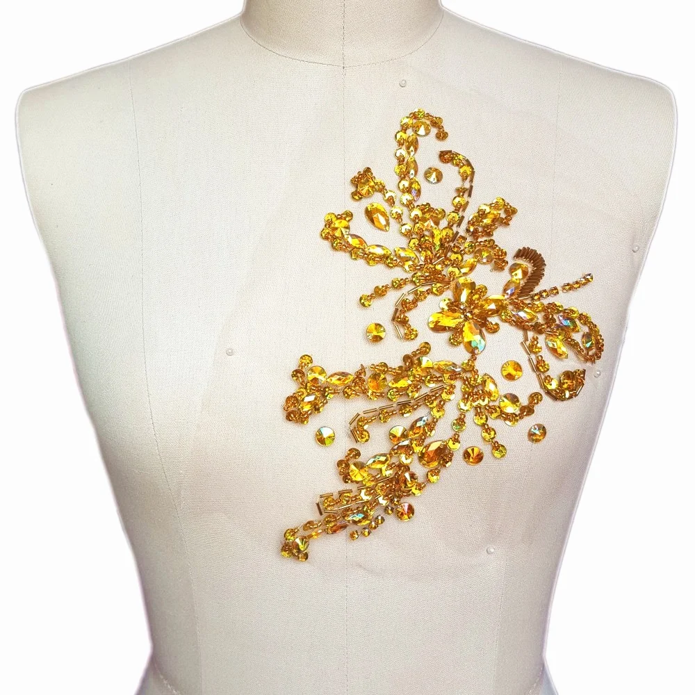 

HANDMADE 18x24cm Decorative Crystal Patches Diy Sequins Wedding Clothes Sew on Yellow AB Rhinestones Sewing Applique Patch Trim