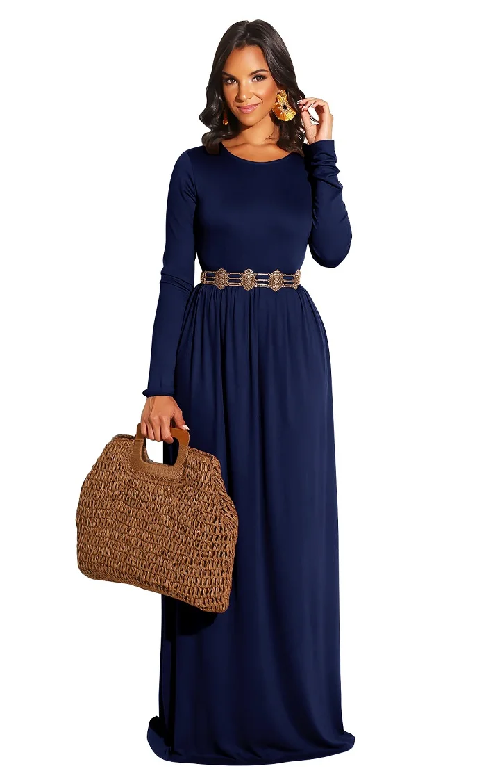Высокое качество осень зима повседневное женское Платье макси с длинным рукавом лоскутное свободное платье с карманом одноцветное элегантное женское платье - Цвет: 03-1888 dark blue