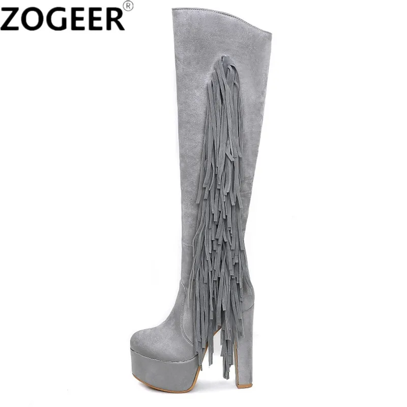 

Plus size 48 Flock Leather Women Knee High Boots Fashion Fringe High Heels Boots Platform Party Evening Shoes Woman