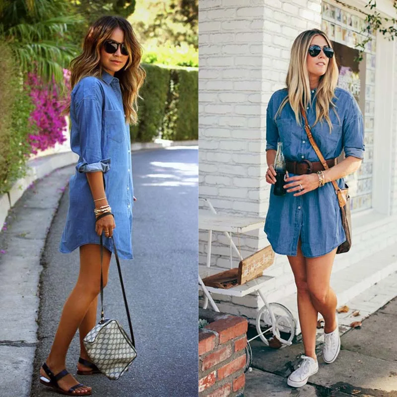 

Women's Denim Dress Mini Long Sleeve Pocket Loose Shirt Fashion Tops