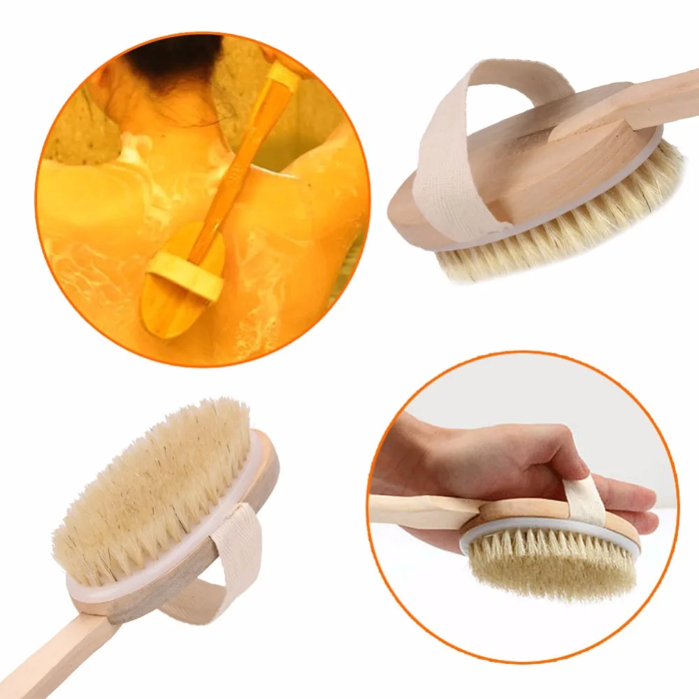 1Pc Natural Boar Bristle Wooden Brush Long Handle Massager Bath Shower