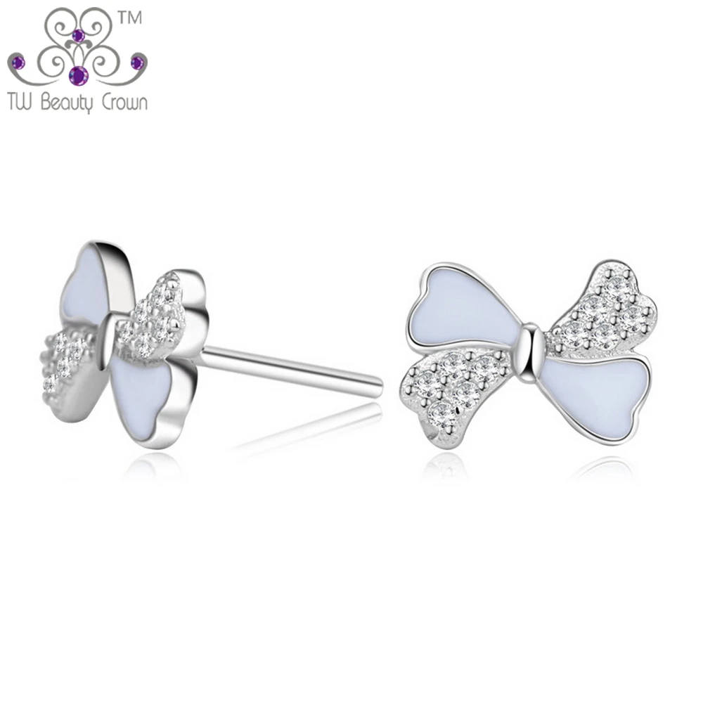

2017 Trendy Genuine 925 Sterling Silver Cute White Black Color Micro Pave Cubic Zirconia Bowknot Stud Earrings For Women Girls