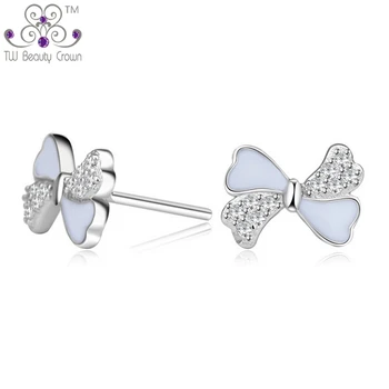 

2017 Trendy Genuine 925 Sterling Silver Cute White Black Color Micro Pave Cubic Zirconia Bowknot Stud Earrings For Women Girls