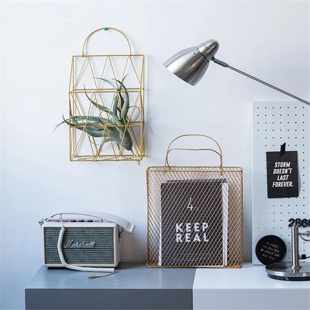

Scandinavian Mesh Metal Table Storage Basket with Handle Chic Rose Gold Wall Storage Basket Book Magazine Organizer Basket