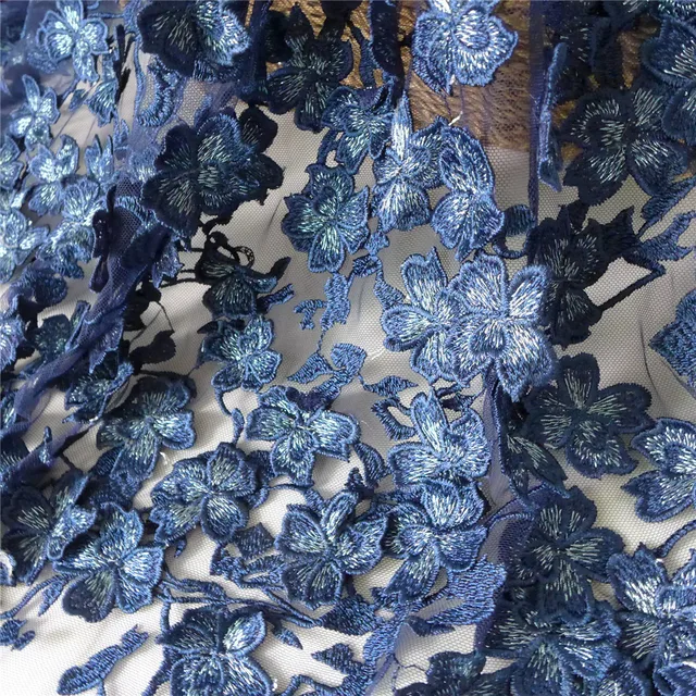 Elegant Navy Blue 3D Flower Embroidery Lace Fabric Dress ...