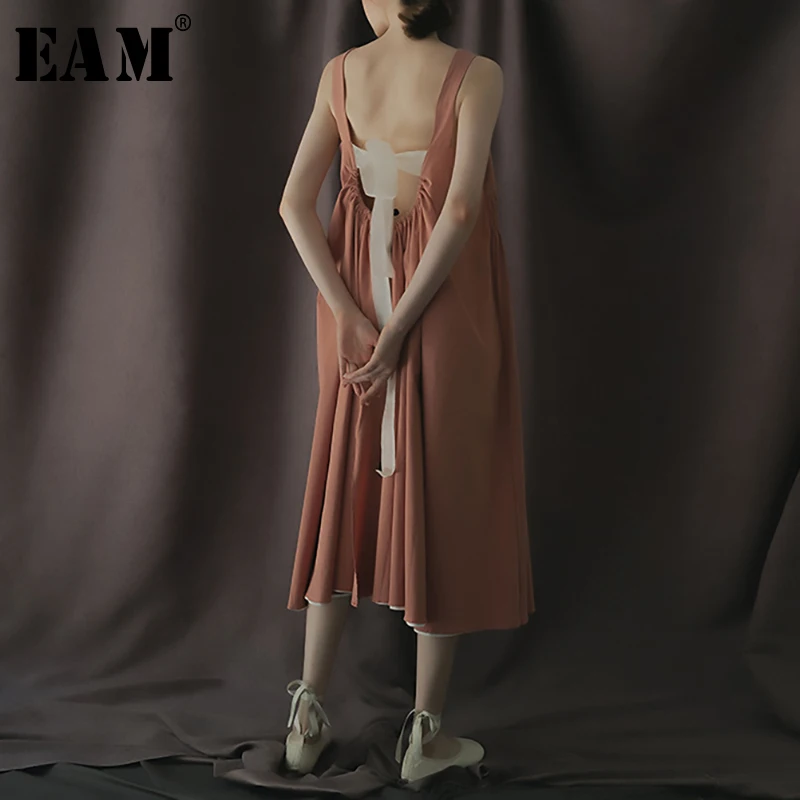 

[EAM] 2019 New Spring Summer Spaghetti Strap Backless Bandage Pleated Split Joint Temperament Dress Women Fashion Tide JU392