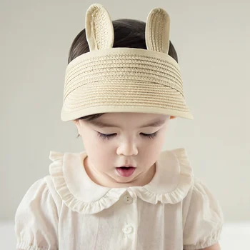 

2018 Casual Baby Hat Folding Straw Kids Sun Visors Hat with Ears Summer Baby Cap Cute Adjustable Unisex Sun Hats for Babies H1