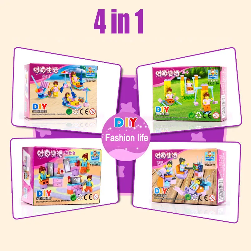 

Legoing Set Mini Block Fairy Tale Block Toys Beach Swing Dressing-up Watch TV Living Room Duplo Blocks Toys for Children