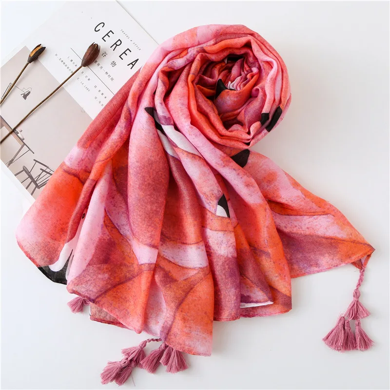 

Lovely Animal Flamingo Pattern Tassel Viscose Shawl Scarf New Fashion Print Soft Echarpe Foulard Femme Muslim Hijab 180*100Cm