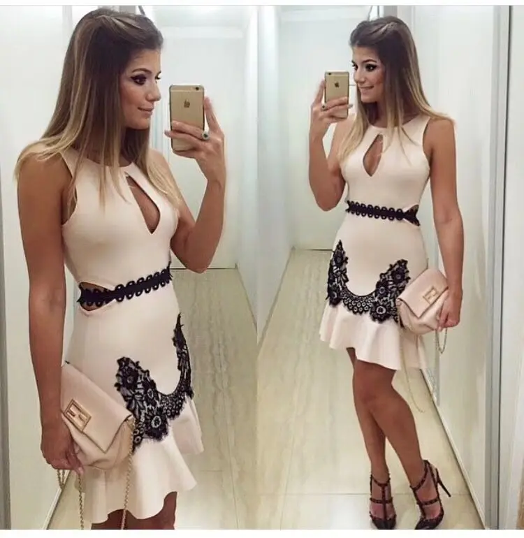 

Hot Sale Fashion Sexy Women Lace Dress Hollow Out Slash Neck Solid Strapless Bandage Dress