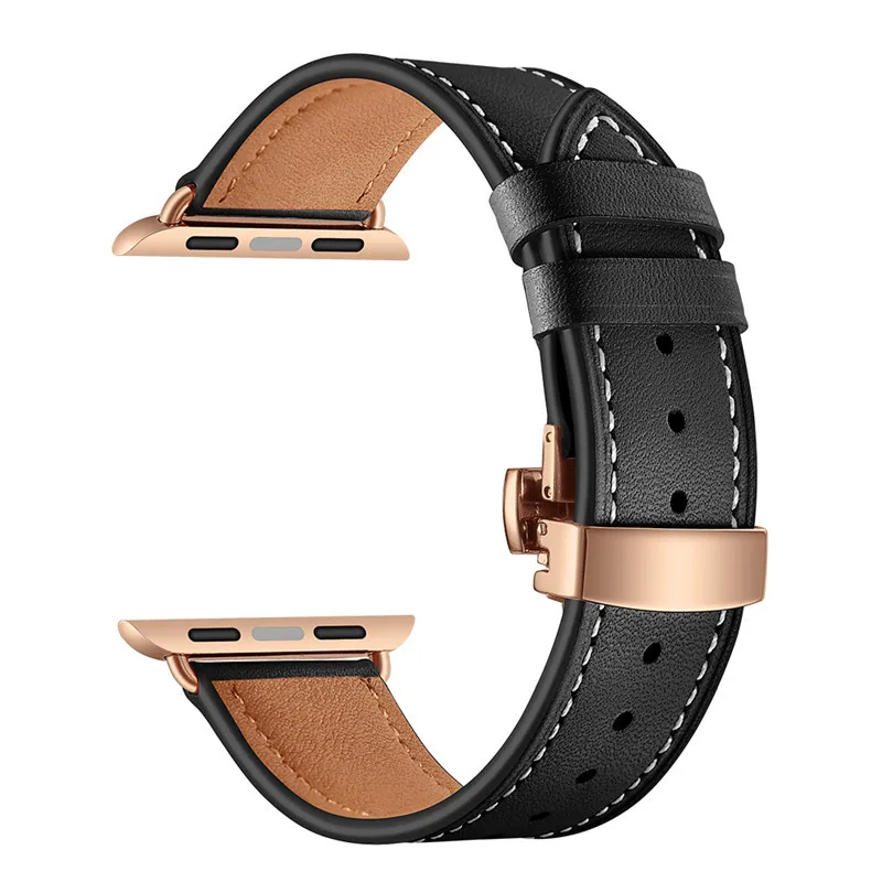 Розовое золото застежка-бабочка кожаный ремешок для наручных часов Apple Watch 38 мм 42 мм для наручных часов iWatch, мода, сменный ремешок для наручных часов, ремешок для часов - Цвет: Black Gold