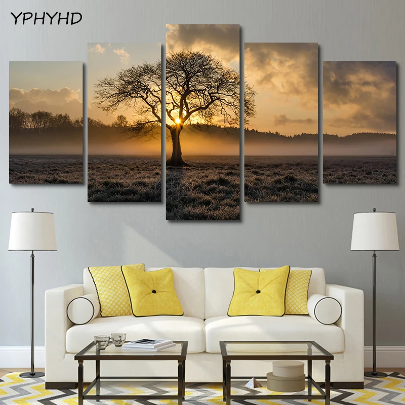 

YPHYHD Vintage Wall Art Frame Printed Pictures 5 Panel Canvas Painting Poster Sunrise Tree Landscape Photo For Living Room Decor