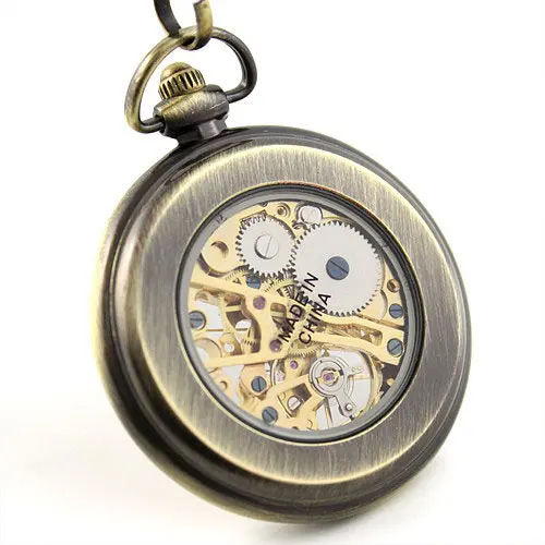 Без крышки ультра-тонкие античные латунные карманные часы унисекс механические скелет Patina