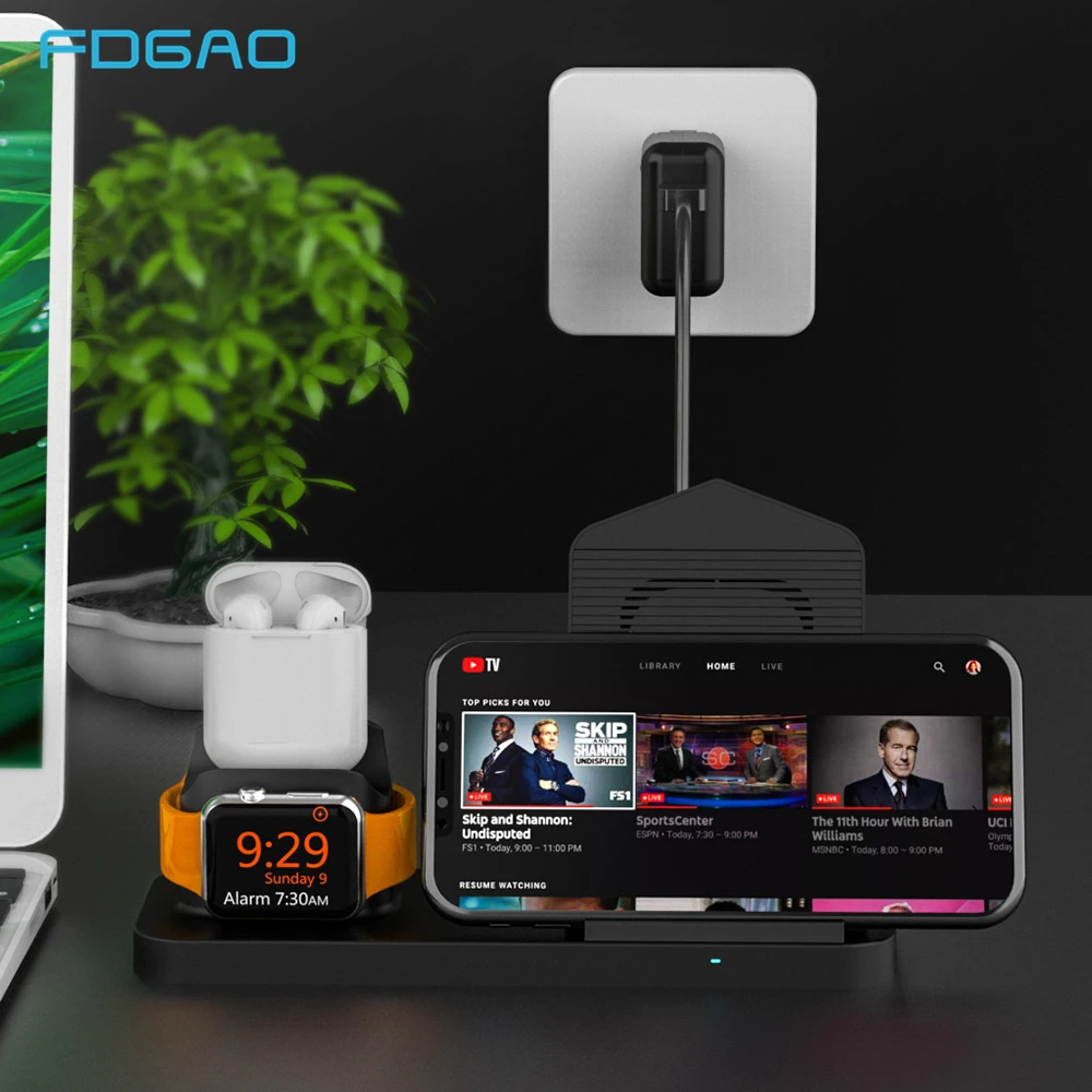 

FDGAO Qi Wireless Charger For iPhone X 8 XR XS Max For Apple Watch 4 3 2 10W Fast Charging Dock Stand For Samsung S8 S9 Airpods
