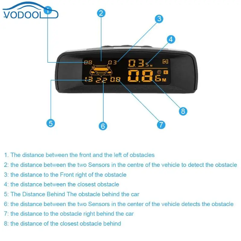 VODOOL LCD Car Parking Sensor Kit 8 Sensors Backlight Rear Reverse Backup Radar Monitor System DC 10V-16V Parking Assistance