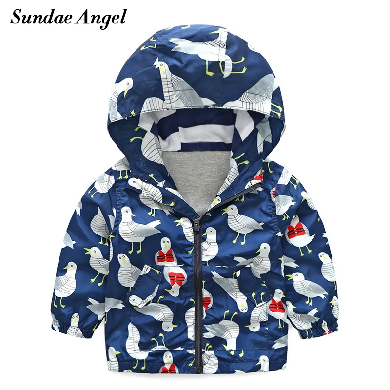

Sundae Angel Boys Jackets Spring Autumn Long Sleeve Polyester Coats Hooded Print Bird Pattern Windbreaker Children,s Outerwear