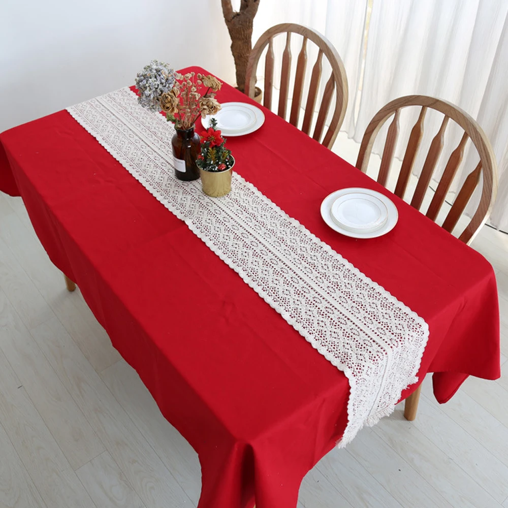 Beige Vintage Floral Lace Table Runner Tasseled Edges Cotton Crocheted Table Cloth Cover Hollow-out Dining Tabletop Decoration