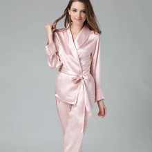 Шелка Шелковицы Twinset Пижамы Чистого Шелка Из Двух Частей С Длинным Рукавом Наборы Женщины Пижамы M/L/XL