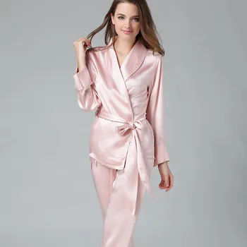 

100% Mulberry Silk Twinset Sleepwear Pure Silk Two Piece Long Sleeve Women Pajama Sets M/L/XL Free Shipping