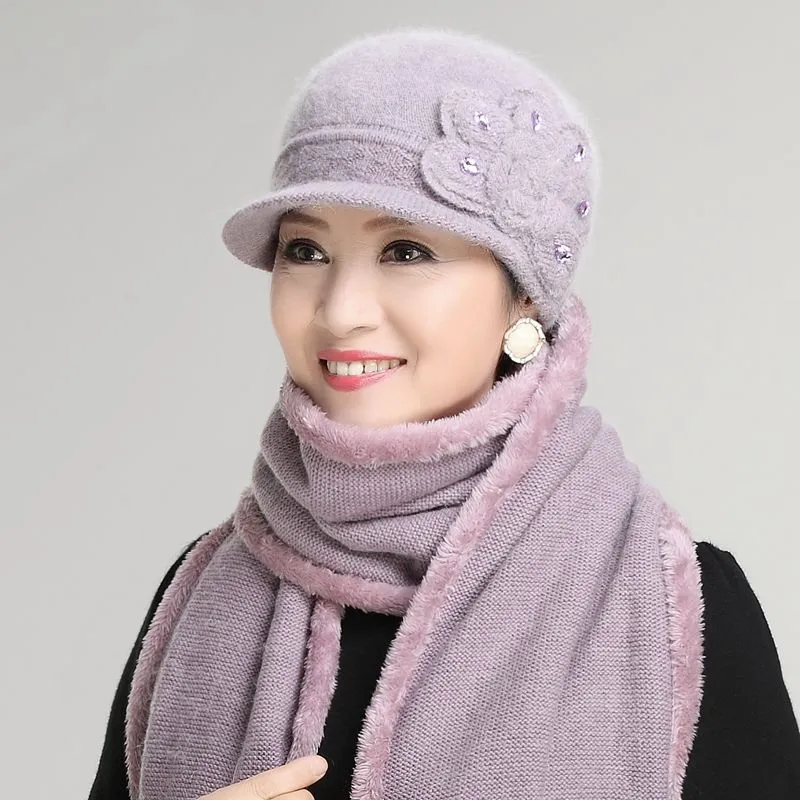 

Kagenmo Elderly Women Thermal Twinset Cap Scarf Knit Rabbit Fur Female Hat Thick Long Scarves Windproof Keep Warm New Year Gift
