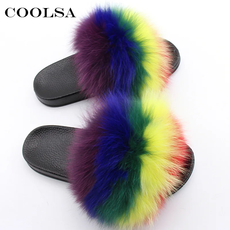 Coolsa/женские тапочки с натуральным лисьим мехом; пушистые разноцветные меховые шлепанцы; сандалии из искусственной кожи с мехом; женские резиновые домашние Вьетнамки; плюшевая обувь - Цвет: black-H