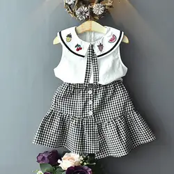 Комплект летней детской одежды, повседневный топ без рукавов с принтом в горошек для маленьких девочек, Блузка + юбка в сеточку, костюм для
