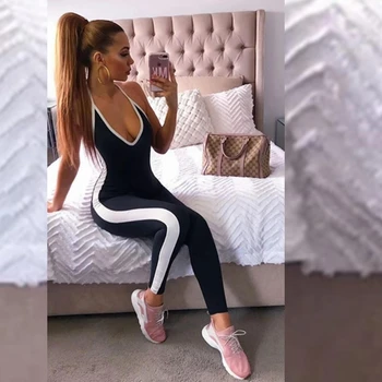 

2019 Elegant New Sexy Sleeveless Balck Patchwork Bandage Jumpsuit V Neck Sexy Summer Women Spaghetti Strap Bodycon Festa