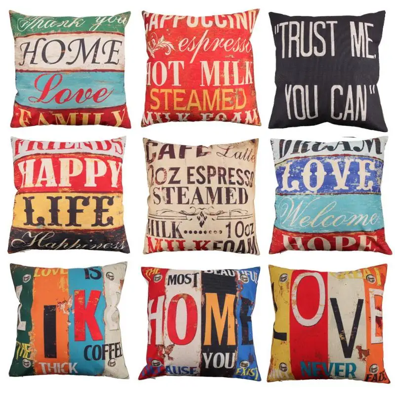 

9 Styles 45x45cm Cotton Linen Quote Cushion Pillow Case Creative letters Pattern Day Gift Pillow case Throw Pillow Cover