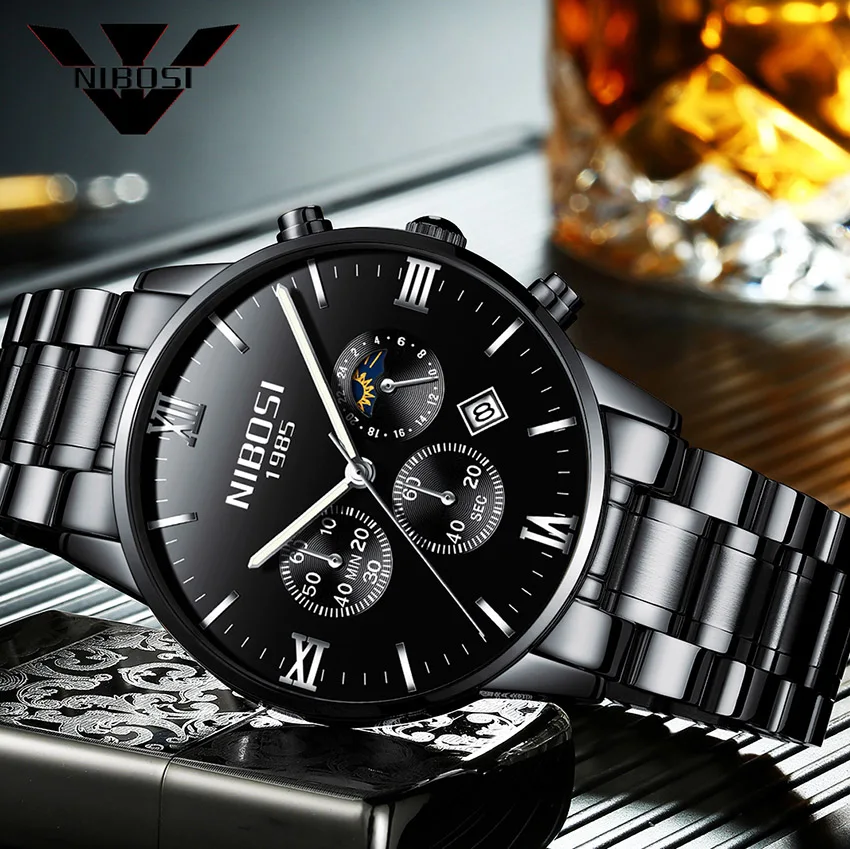 

NIBOSI Chronograph Watches Men Luxury Brand Men's Leather Moon Phase Quartz Male Clock Man Waterproof Wrist Watch Men Relogio
